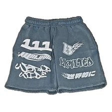 BooHoo Man Relaxed Moto Puff Print Washed Shorts Blue Small