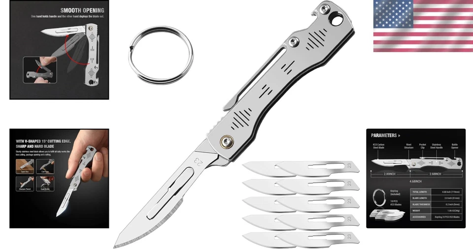 Folding Scalpel Knife with 10 Replaceable Blades Lightweight Compact Design - Image 2 of 4