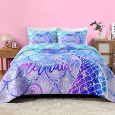 Quilt Set Twin Size, Blue Mermaid Tail 2 Pcs Soft Bed Cover Bedding Set for K...