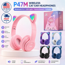 P47 Wireless Cat Ear Headphones Bluetooth 5.3 LED Stereo Headset Kids Girls New