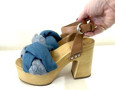 Sam & Libby Women's Clogs Blue Tan Ankle Strap Buckles Chunky Heels Size 6 