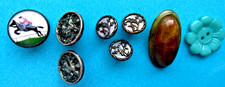ANTIQUE 8 BUTTONS,3 AUSTRIAN TINIES,2 CHERUB,INTAGLO GLASS JOCKEY ON HORSE ETC.,