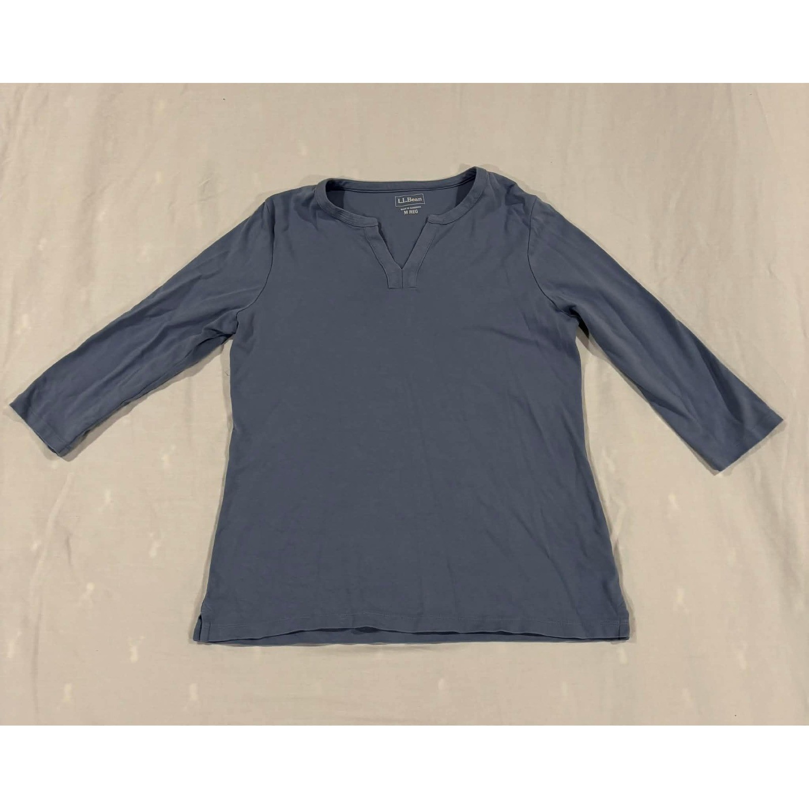 LL Bean Blue Slub Knit V Neck 3/4 Sleeve Tunic Top Women's M Reg