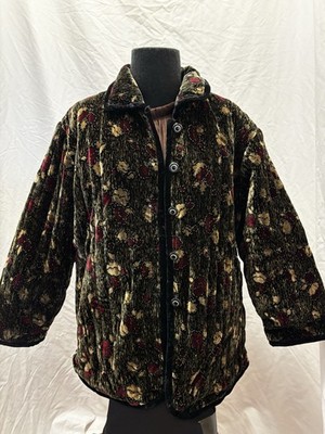 VTG 80s 90s Lin Sheng Velvet Floral Quilted Jacket Blazer Black Trim Women's