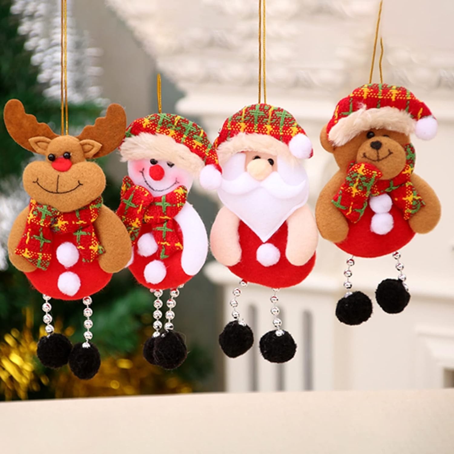 4pcs Christmas Hanging Ornaments – Santa, Snowman, Reindeer & Bear Decor Set, FS