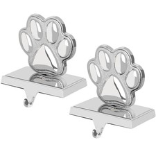 2 Pack Dog Paw Christmas Stocking Holders 3D Silver Metal Mantel Pet Paw