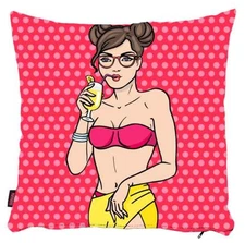 Pop Art Girl Pillow Cover, Modern Decorative Cushion, Pink Coctail Bedroom Decor