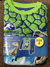 Jurassic World Boys Flannel Pajama Set Velociraptor Blue Green Size 8 2 Piece