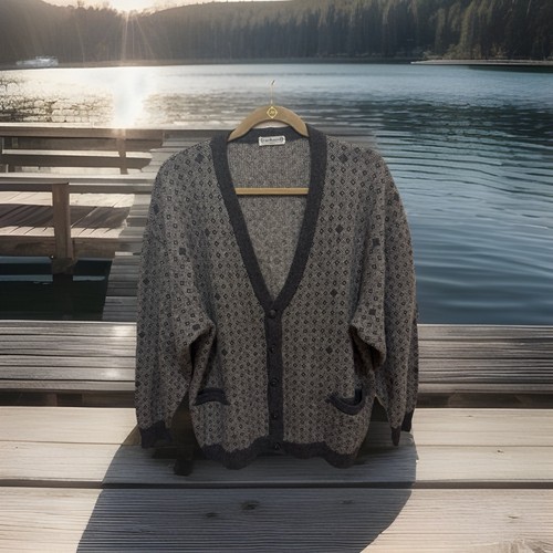 Cacharel, Vintage Cacharel Paris Cardigan 100% Wool Gray Geometric Knit Sweater Large