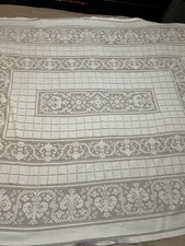 Vintage Soft Linen Cotton Blend Tablecloth 49x70 White Filet Lace Floral
