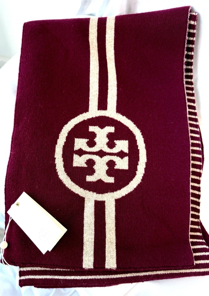 Cachecol Tory Burch T listrado monograma lã merino estilo aveia borgonha 34128 novo com etiquetas - Imagem 3 de 4