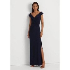 Lauren Ralph Lauren Jersey Off-the-Shoulder Side-Slit Column Gown Womens 10 Navy