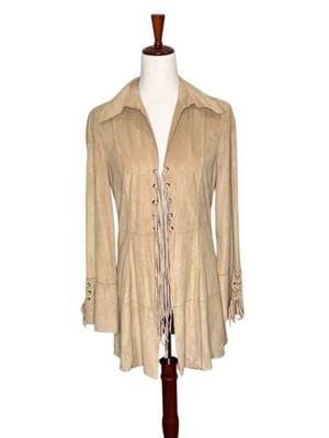 Le Group Made in Italy Fringed Lace-Up Suede Coatigan in Beige. Boho. Western