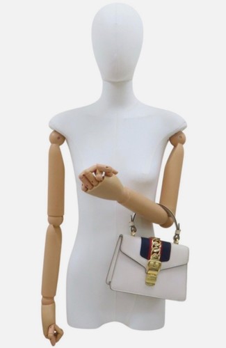Gucci Sylvie Top Handle Bag Mini White with Gold Hardware Calfskin Leather