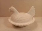 Vintage Indiana White Milk Glass Chicken Hen on Nest Covered Bowl Candy Dish 7”