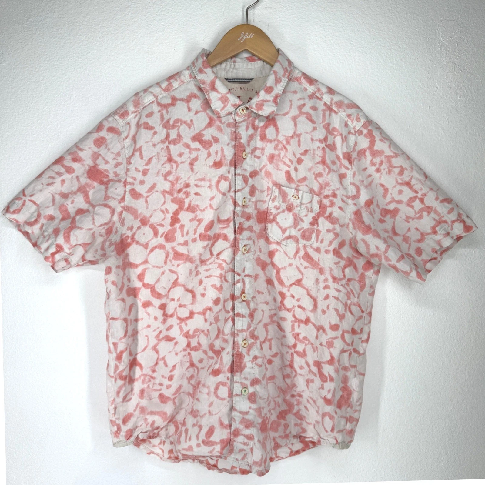 Tommy Bahama Mens Modern Fit 100% Linen Camp Shirt Coral Cabana Resort Abstract
