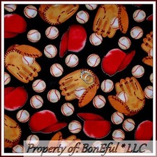 BonEful Fabric FQ Cotton Quilt Black Red Brown Baseball Glove Boy Softball Girl