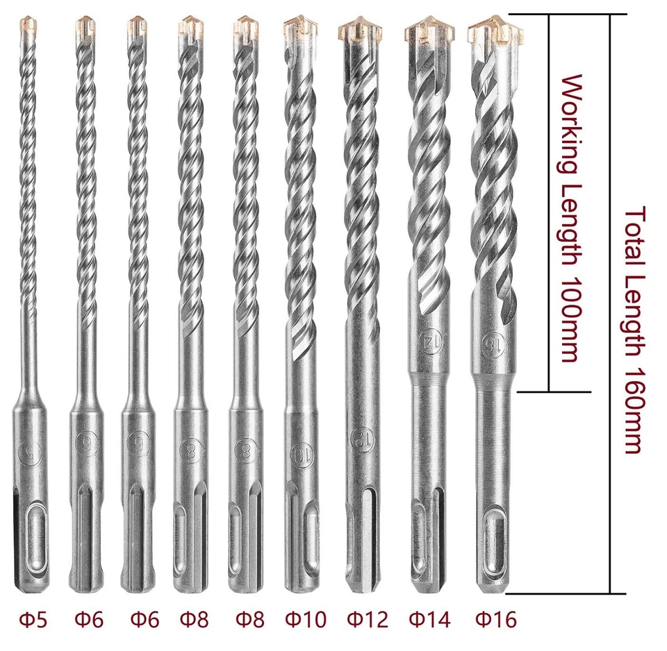 SDS Plus Bohrer Set 9 Stück Betonbohrer 160mm Lang mit 4 Schneiden Hammerbohr... - Bild 3 von 4