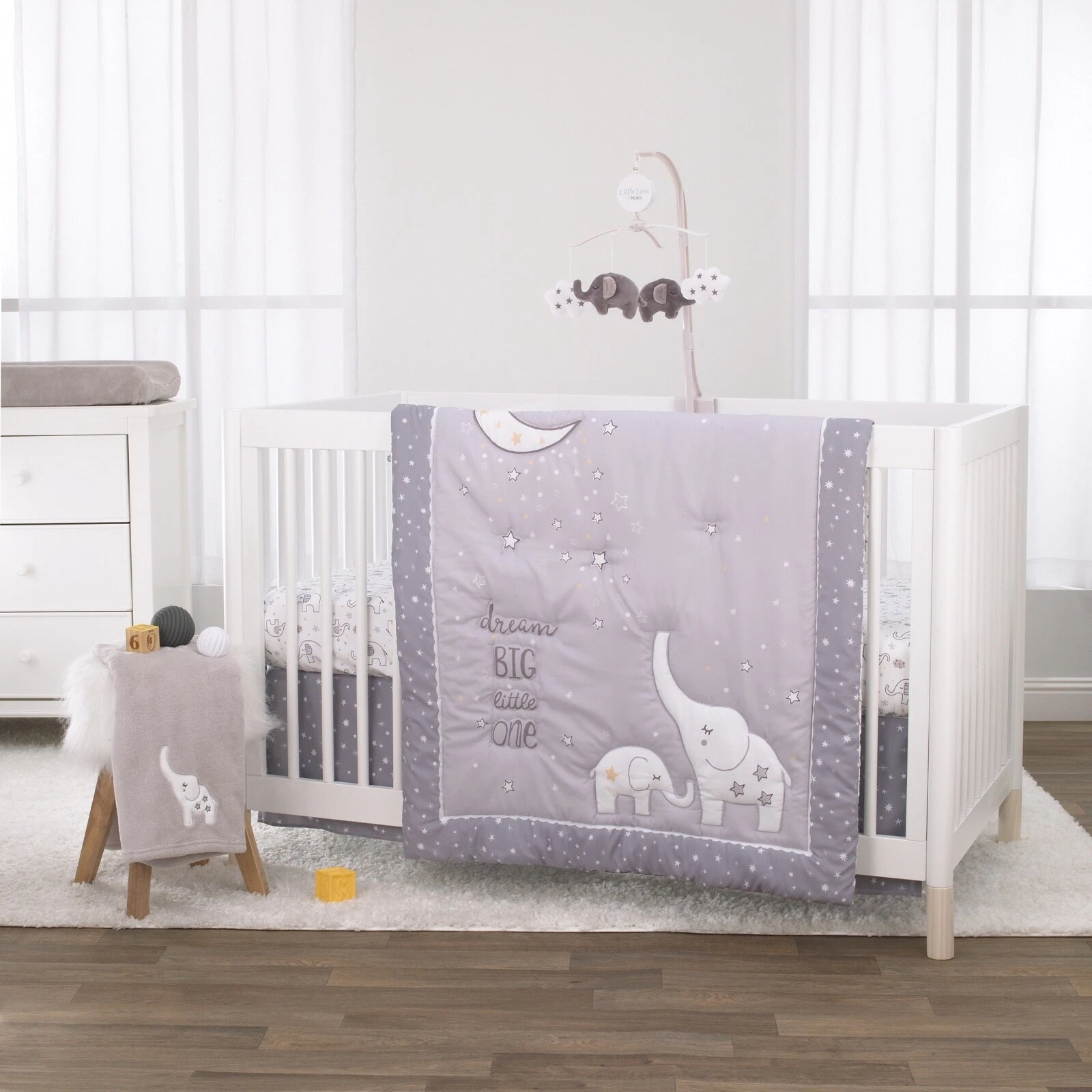 Little Love: Dream Big Little Elephant Appliquéd Grey 3 Pc Crib Set by NoJo