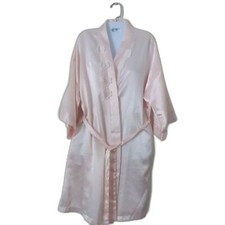 Vintage Dentelle Womens Satin Belted Robe Lg Floral Applique Pale Pink Romantic