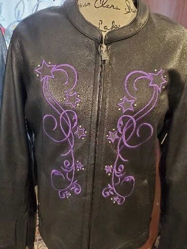 Milwaukee Leather Motorcycle Jacket Sz M Black Purple Embroidered Stars Chaps Lg - Image 2 of 4
