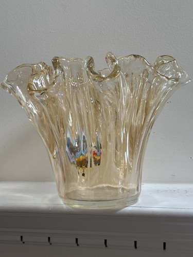 Tammaro MURANO Amber Handkerchief Ruffled Edge Hand Blown Glass Vase 8.75” Tall - Picture 7 of 21