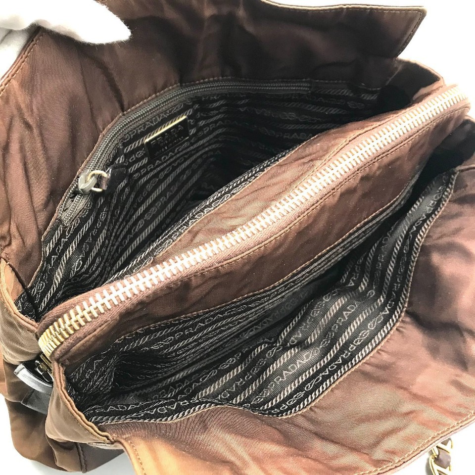 Used Prada Triangle Logo Leather Nylon Chain Shoulder Bag Brown A603 eBay