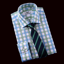 Blue Green Plaids  Checks Twill Formal Business Dress Shirt Mens Button Down