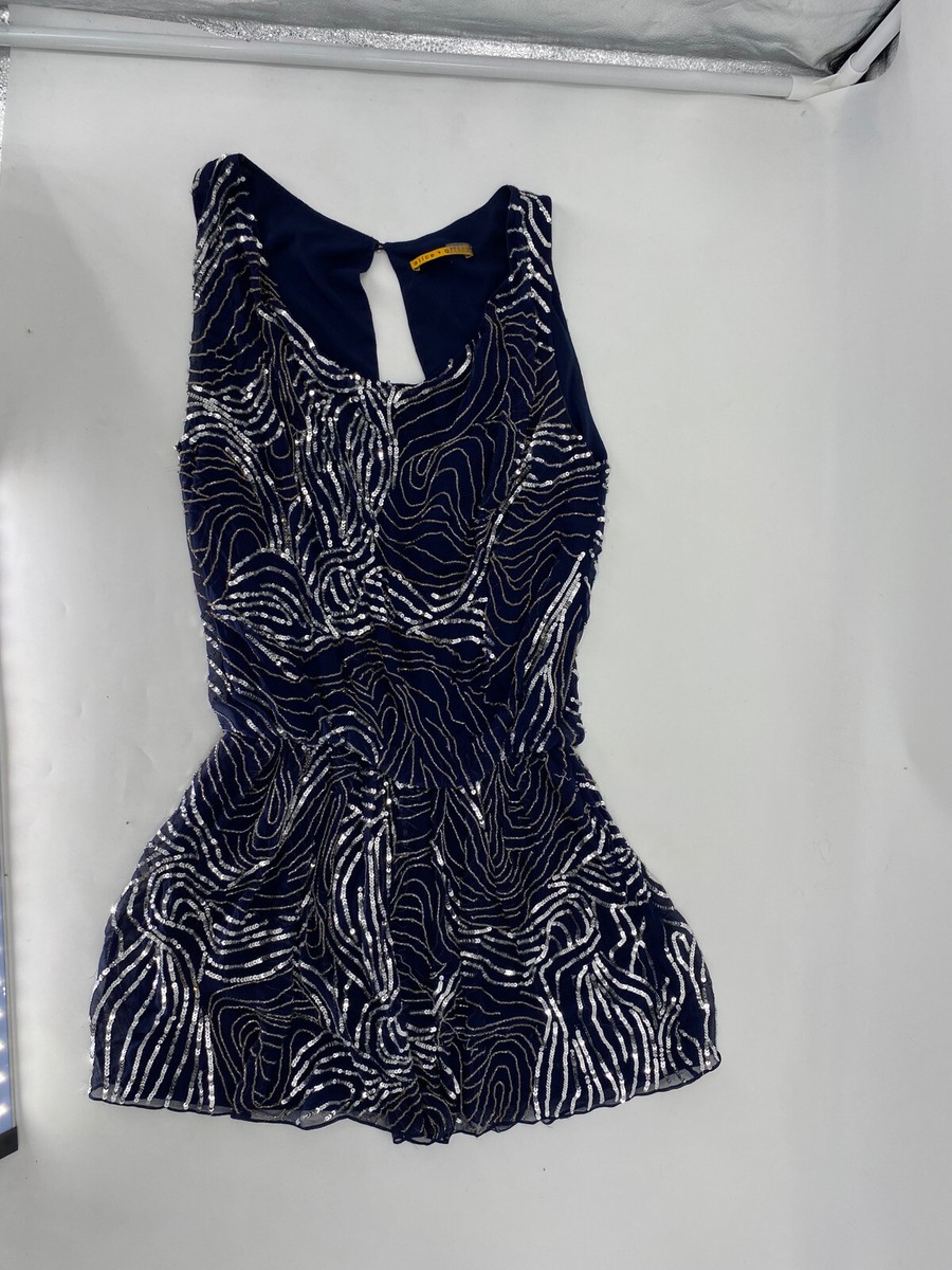 alice and olivia navy sequin dress Alice + Olivia l M Navy V-Neck Pleated Plunge Bust Sequin Open Back Wiggle Dress