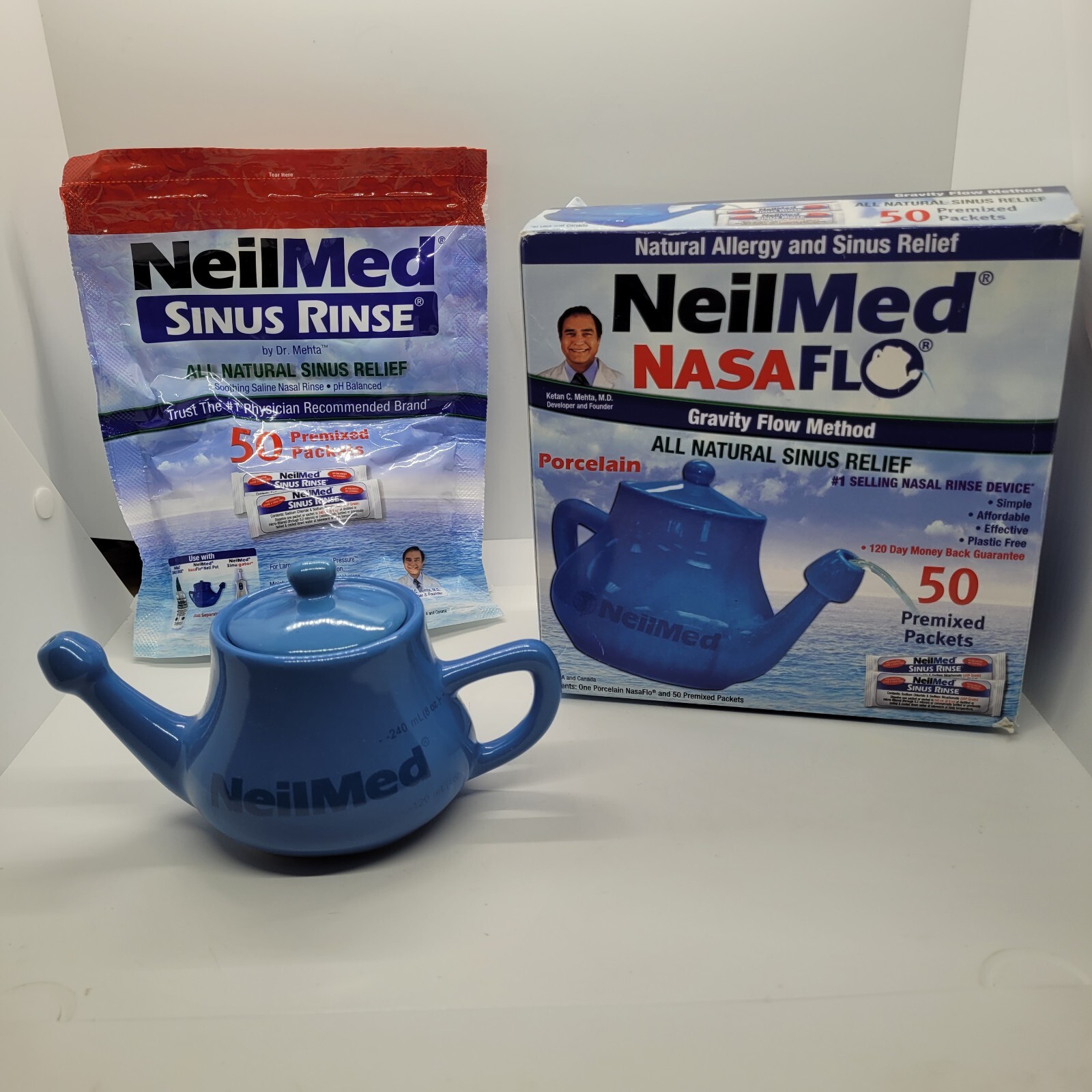 NeilMed NasaFlo Kit Porcelain Pot 50 Premixed Packets #1 Selling Nasal ...