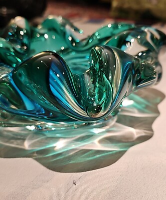 Vintage Murano Italy Sumerso Art Glass Ashtray Aqua Blue Green 8.5