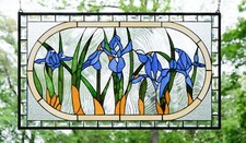 34.25"L x 20"H Tiffany Style stained glass window panel Iris Flowers