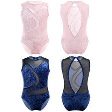 Kids Girls Sleeveless Dance Leotard Pleuche Mesh Cutout Back Gymnastics Bodysuit