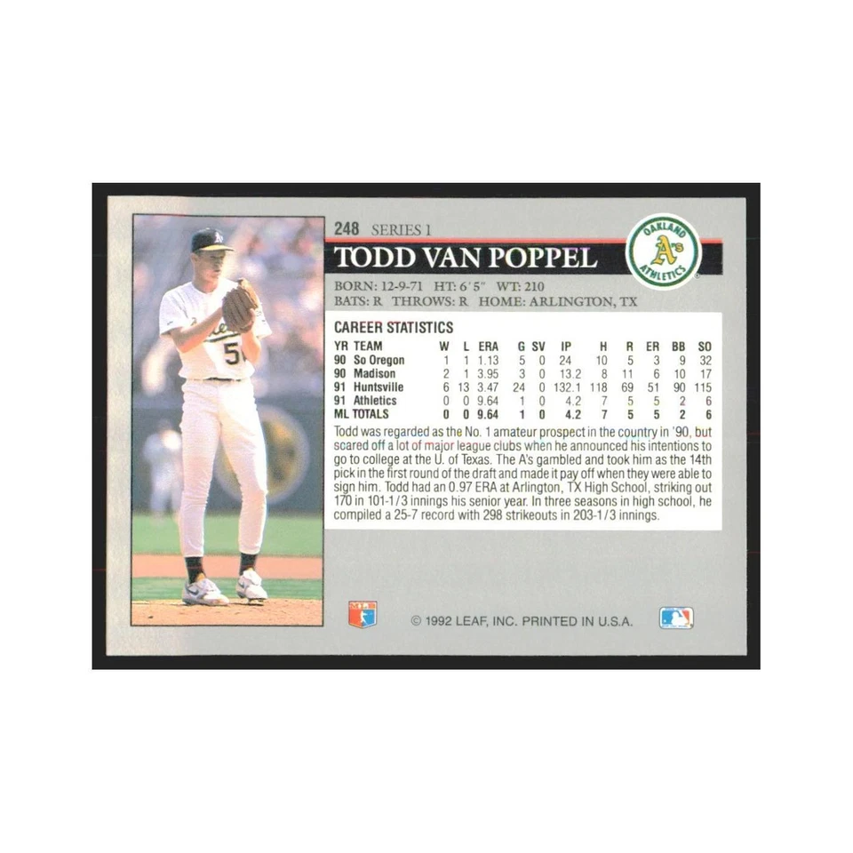 1992 Leaf Todd Van Poppel Athletics #248.0 - Image 2 of 3