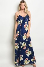 Blue Floral Maxi Dress Size Medium Spaghetti Strap Ruffled