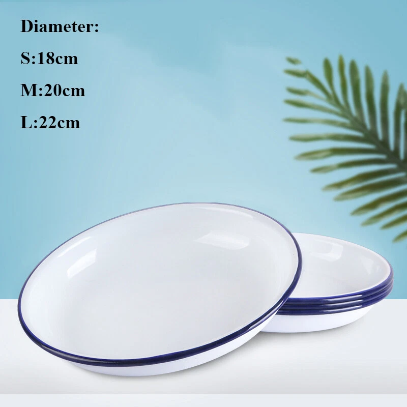 1PC 22cm Retro Weiß Emaille Teller Gebäck Camping Picknick Ess Schale Tablett - Bild 2 von 4