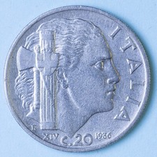 VITTORIO EMANUELE III 20 CENTESIMI 1936 XIV IMPERO RARA QSPL NICHEL REGNO