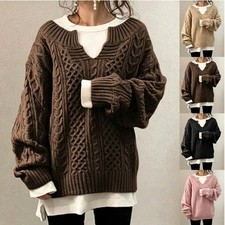 Womens Chunky Knit for V Neck Sweater Polyester Retro Style Solid Color Regular