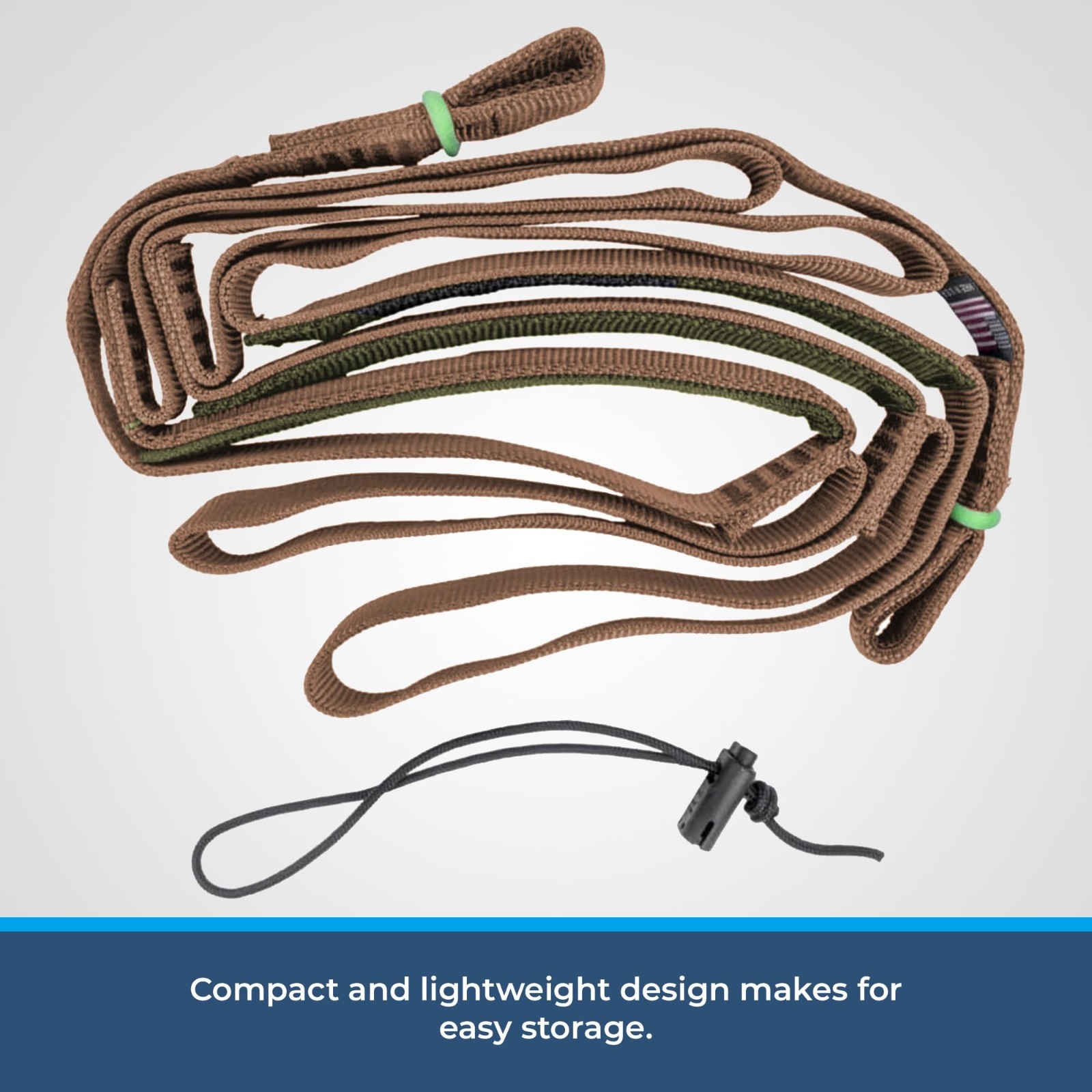 Brown USA-made step aider with green and black straps coiled, showing compact design and easy storage.