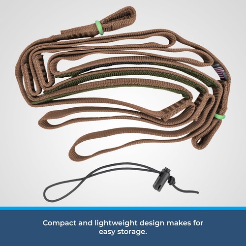 Brown USA-made step aider with green and black straps coiled, showing compact design and easy storage.