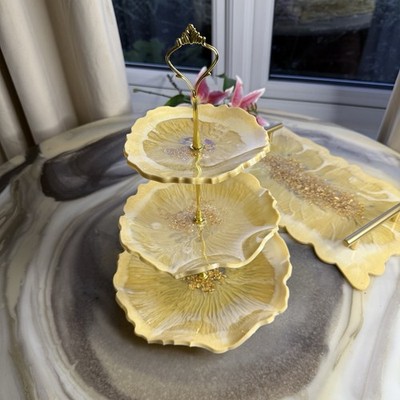 3 Etagen Kuchenständer Holz Vintage Dessertständer Harz Teller mehrstufig Tablett