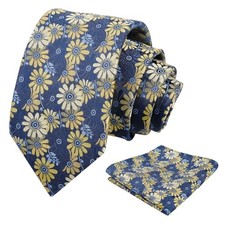 Mens 3.15'' Colorful Flower Necktie and Pocket Square Set 912-navy yellow