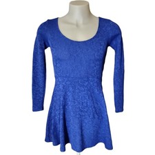 Forever 21 Skater Dress Womens Medium Blue Mini Jacquard Floral Long Sleeve Boho