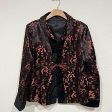 NWOT chinese black red oriental letter print satin long sleeve jacket coat top