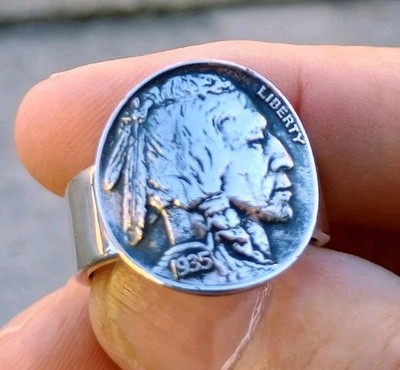 S-13¼ 1935 Authentic Buffalo Nickel Coin Native American Ring Wide Sterling Band