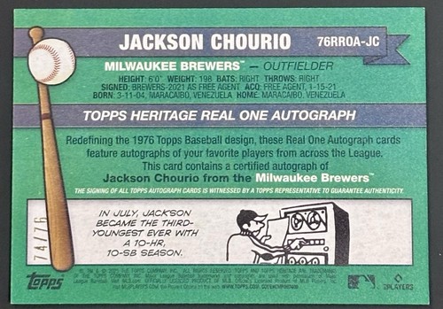 2025 Topps Heritage Jackson Chourio Redefined Real One On Card Auto /76 Brewers - Picture 2 of 4