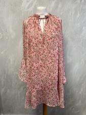 F&F Pink Floral Chiffon Knee Length Floaty Long Sleeve Shift Dress Size M New.PD