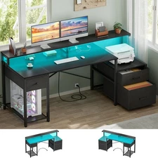 Computer Desk with 3 Drawers, Home Office Desk with File Drawer & Power Outle...