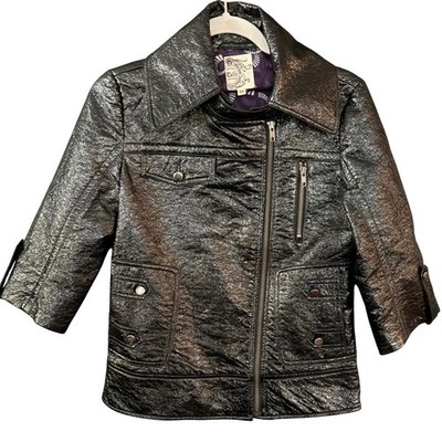 Anthropologie TULLE Metallic Shiny Black Faux Leather Moto Jacket Biker Edgy MED
