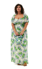 Ganni Egret Ruched Floral Print Stretch-Mesh Maxi Dress, Size 52 | 20, NWT $375